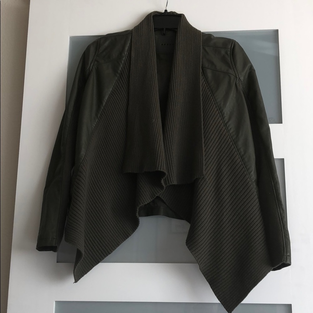 Olive green, Vegan leather drape front jacket.